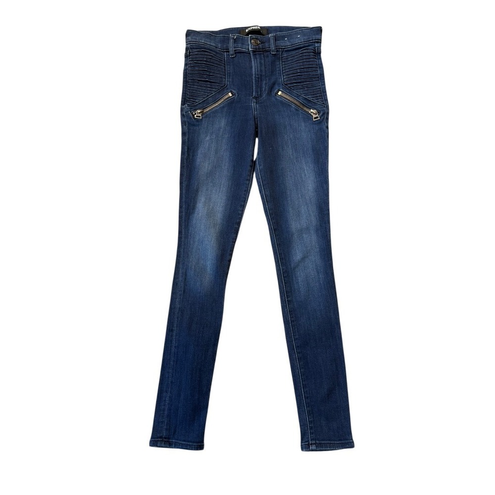 Express Womens High Rise Moto Legging Jeans Dark‎ Wash Blue Size 2R Zip Detail